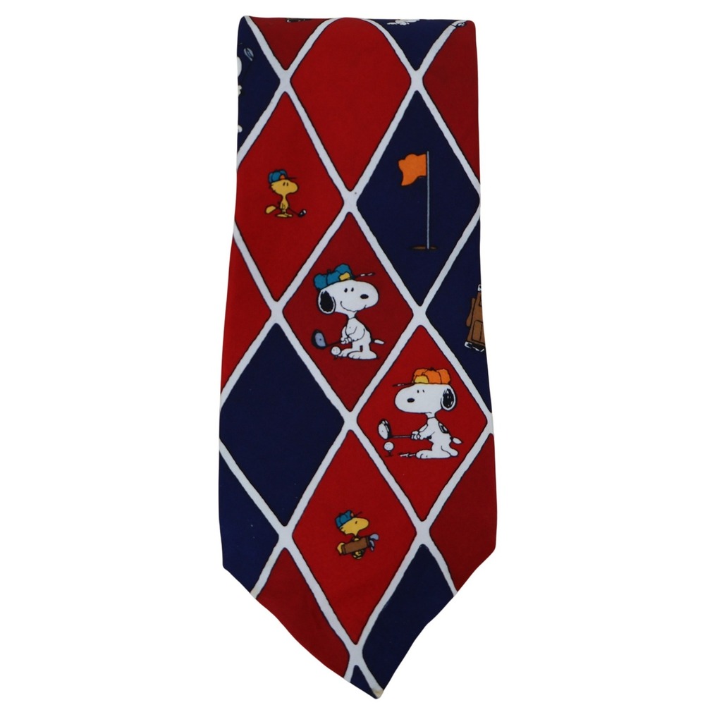 Peanuts Snoopy Golf Argyle Silk Tie Vintage 90s Mens Red Navy Woodstock Cartoon
